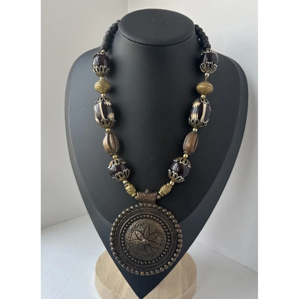 Vintage Tribal Style Bronze Metal Floral Pendent  Beaded Necklace